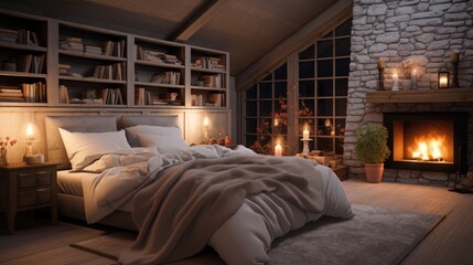 Beautiful warm winter cozy bed background with Christmas decoration at window in bedroom indoor design, Xmas tree, candles, decorated in house with sofa, blanket, pillows in vintage lifestyle house