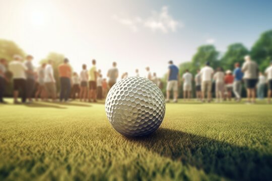 Golf ball green grass summer time. Outdoor recreation shot object round. Generate Ai