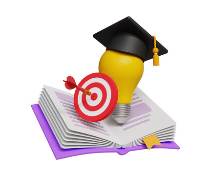 3D graduation target concept. Graduated icon. Bachelor’s degree.  Self-effort. Light bulb with graduation cap, target icon and open book. 3d illustration