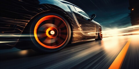 Car wheels close up, Sports car racing on the race track. Generative AI