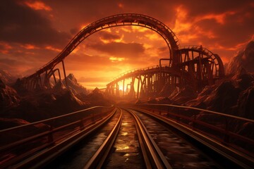 Obraz premium Roller coaster silhouetted against a stunning sunset sky, Generative AI