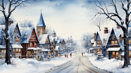 Watercolor Christmas Village Illustration, Merry Christmas Background ,Hd Background