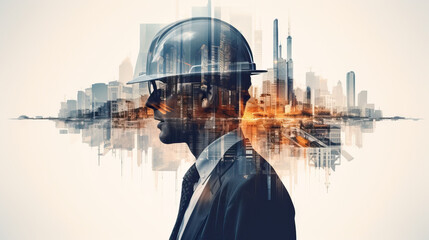 Double exposure of Engineer with safety helmet on construction site background. Engineering and architecture concept