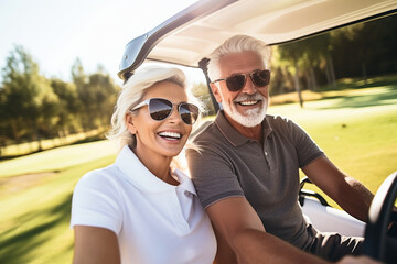 Mature couple riding golf car on the golf field.