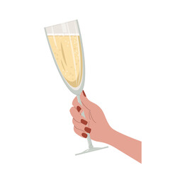 Female hand with red manicure holds a glass of champagne. Vector illustration with holiday element isolated on a white background. 