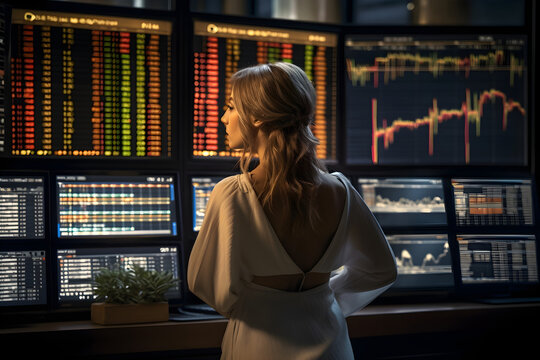 A young female trader meticulously analyzes trading data across multiple monitors, epitomizing stock markets, trading, index funds, and forex trading