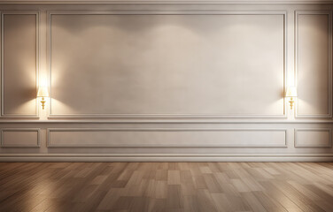 Empty beige wall with lamps and wooden floor. Classic moldings and frame. Minimalist interior background presentation.