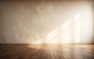 Light beige empty wall with interesting light glare and shadows. Wooden floor. Minimalistic Interior background.