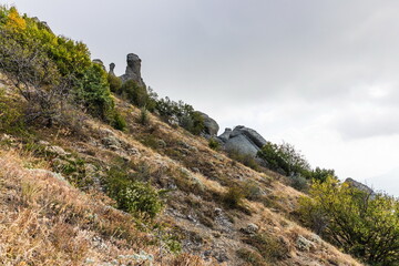 Mysterious mountain landscape of the Valley of Ghosts, a cluster of strangely shaped rocks on the western slope of Mount Demerdzhi in Crimea