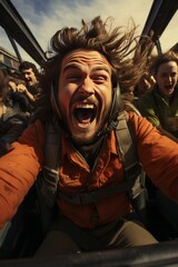 Riders on a roller coaster with their hair and hands flying as they enjoy a wild ride, Generative AI