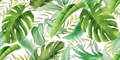 Seamless tropical background.  Tropical palm leaves painted in watercolor. Tropical pattern for wallpaper or fabric.