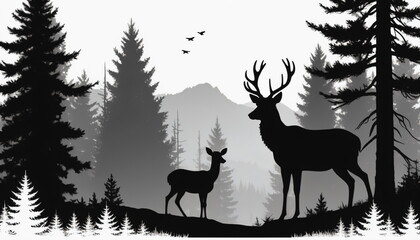 Wilderness Whispers: Black Silhouette of Fir Trees and Deer