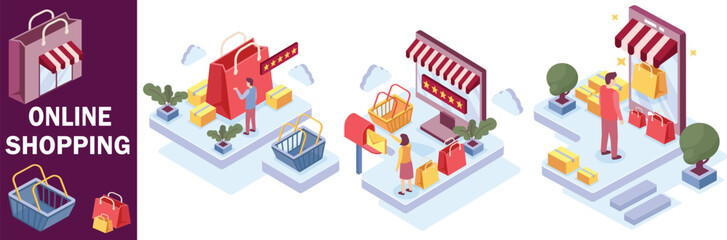 Marketing online illustration set. Characters style with people shopping online for customer to buy products, young woman customer with shopping bags.