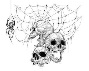 Graphic drawing with three skulls, a web and a spider. Drawing for a tattoo. Scary background element for poster, placard and advertising. Halloween. - 673645590