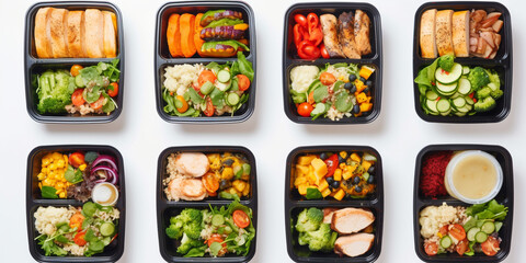 Lunches to go. Food grab and go. Ready-to-eat lunches in containers for office workers. - obrazy, fototapety, plakaty