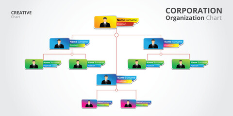 company chart templates in business with many colors along with names and positions. easy to use for company presentations, web or other needs.