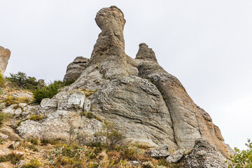 Mysterious mountain landscape of the Valley of Ghosts, a cluster of strangely shaped rocks on the western slope of Mount Demerdzhi in Crimea