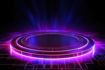 Obraz premium abstract futuristic background with pink blue glowing neon ring podium moving high speed wave lines and bokeh lights. Data transfer concept Fantastic wallpaper