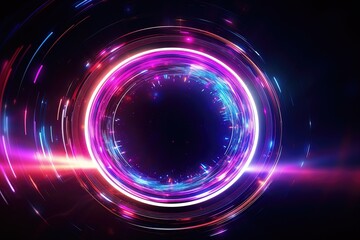 Fototapeta premium abstract futuristic background with pink blue glowing neon ring podium moving high speed wave lines and bokeh lights. Data transfer concept Fantastic wallpaper