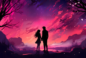 Romantic Couple Silhouette Standing in Front of Trees at Sunset with Pink Starry Night Sky, Valentine's Day Illustration Background