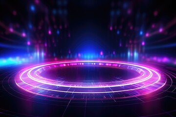 Obraz premium abstract futuristic background with pink blue glowing neon ring podium moving high speed wave lines and bokeh lights. Data transfer concept Fantastic wallpaper