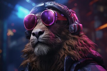 Portrait of lion with headphones listening music. AI generative art