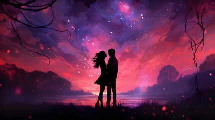 Romantic Couple Silhouette Standing in Front of Trees at Sunset with Pink Starry Night Sky, Valentine's Day Illustration Background