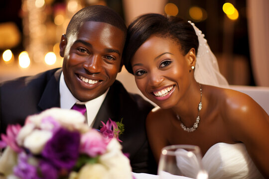 African American bride and groom at a wedding taking pictures together.
