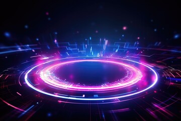 Fototapeta na wymiar abstract futuristic background with pink blue glowing neon ring podium moving high speed wave lines and bokeh lights. Data transfer concept Fantastic wallpaper