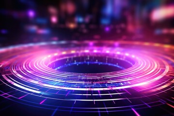 Fototapeta premium abstract futuristic background with pink blue glowing neon ring podium moving high speed wave lines and bokeh lights. Data transfer concept Fantastic wallpaper