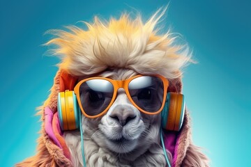 Animal wildlife alpaca wearing headphones. Generative Ai