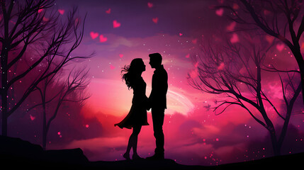 Romantic Couple Silhouette Standing in Front of Trees at Sunset with Pink Starry Night Sky, Valentine's Day Illustration Background