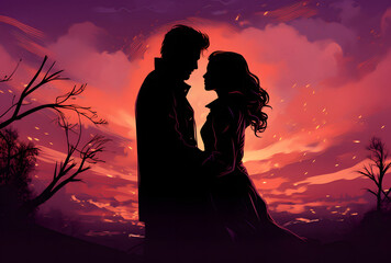 Romantic Couple Silhouette Standing in Front of Trees at Sunset with Pink Starry Night Sky, Valentine's Day Illustration Background