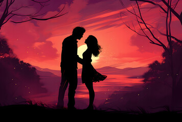 Romantic Couple Silhouette Standing in Front of Trees at Sunset with Pink Starry Night Sky, Valentine's Day Illustration Background