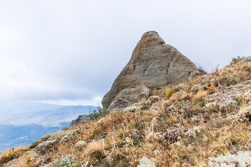 Mysterious mountain landscape of the Valley of Ghosts, a cluster of strangely shaped rocks on the western slope of Mount Demerdzhi in Crimea