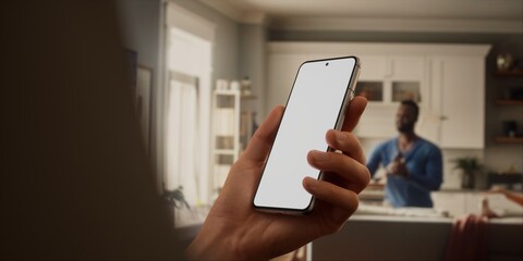 Caucasian male watching football at home with friends, making bets on his phone