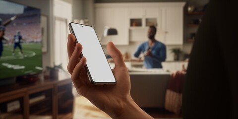 Caucasian male watching football at home with friends, making bets on his phone
