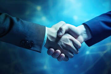 business people shaking hands against blue background, in the style of ferrania p30, photo-realistic compositions, textural richness, ominous vibe Generative Ai