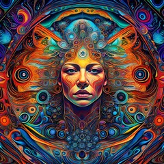 A Psychedelic face, Visionary, Surreal, Cosmic, Spiritual, Detailed bright colored painting style illustration poster