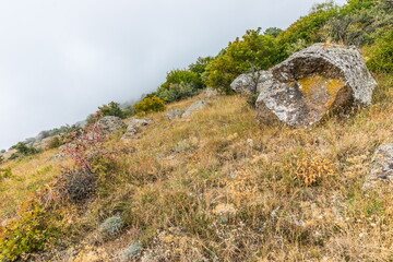 Mysterious mountain landscape of the Valley of Ghosts, a cluster of strangely shaped rocks on the western slope of Mount Demerdzhi in Crimea