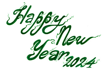 Fototapeta premium Happy New Year 2024 lettering. Green color on a white background. Cursive. It has decorative serifs that twist with thin lines. Different shades of dark green.