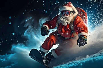 Merry Chrismas. Santa Claus snowboarding fast. Winter fairy scene with a chrismas atmosphere. Chrismas holyday postcard