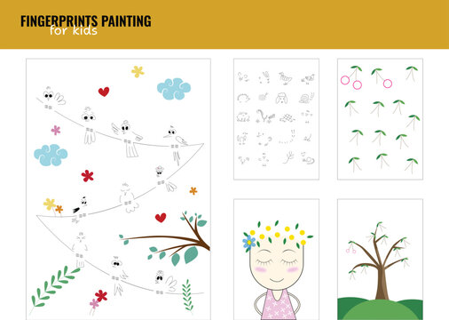 Children activities worksheet. Printable simple shape and color match logic task for preschool. Fingerprints painting for children
