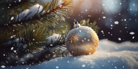 Obraz na płótnie Canvas Christmas Tree branches and Golden Christmas Ball in snow. Beautiful Background for Christmas and New Year Greeting card, postcard, invitation or banner design, copy space