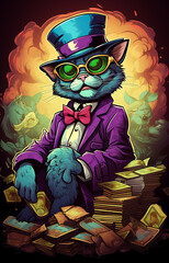 Rich King Boss Animal sitting on it`s throne wearing a classic purple suit and a lot of money fall arround