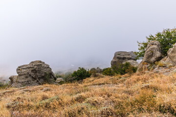 Mysterious mountain landscape of the Valley of Ghosts, a cluster of strangely shaped rocks on the western slope of Mount Demerdzhi in Crimea