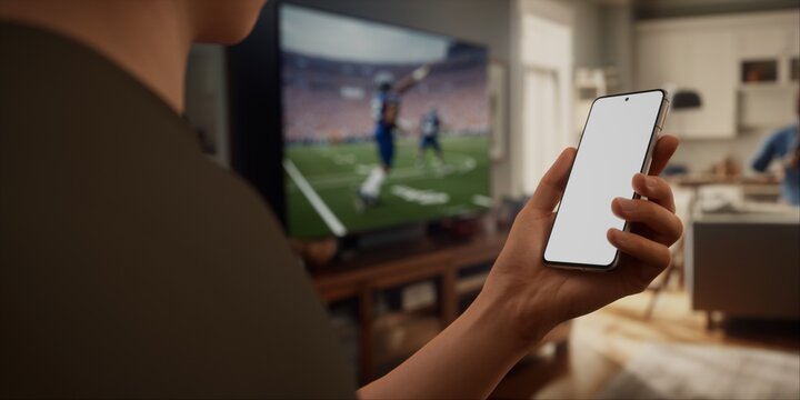 Caucasian Male Watching Football At Home With Friends, Making Bets On His Phone