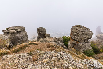 Mysterious mountain landscape of the Valley of Ghosts, a cluster of strangely shaped rocks on the western slope of Mount Demerdzhi in Crimea