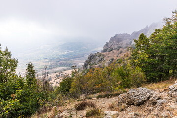 Mysterious mountain landscape of the Valley of Ghosts, a cluster of strangely shaped rocks on the western slope of Mount Demerdzhi in Crimea