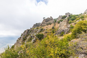Mysterious mountain landscape of the Valley of Ghosts, a cluster of strangely shaped rocks on the western slope of Mount Demerdzhi in Crimea